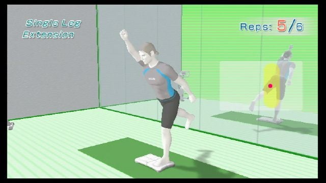 Wii Fit exercise demonstration with on-screen avatar and balance board.Wii Fit game screenshot showing Single Leg Extension exercise.