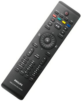 Philips DVDR5570H remote control on a white background.Philips DVD recorder remote control on white background.