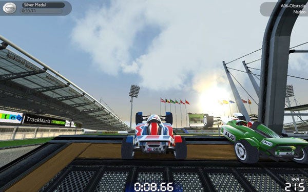 Screenshot of TrackMania United Forever gameplay with two cars racing.