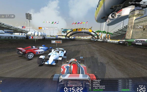 In-game screenshot of TrackMania United Forever racing competition.In-game screenshot of a race from TrackMania United Forever.
