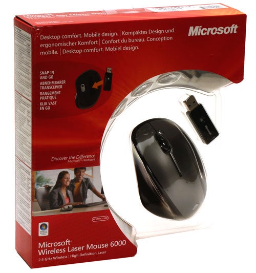 Microsoft Wireless Laser Mouse 6000 with packaging and USB dongle.