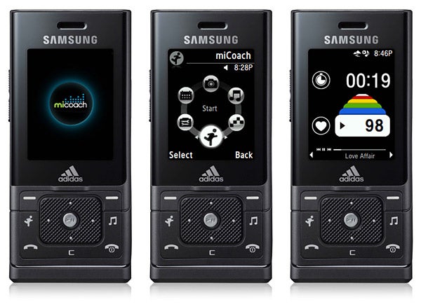 Three Samsung SGH-F110 miCoach phones displaying different functions.