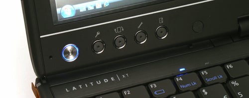 Close-up of Dell Latitude XT Tablet PC's control buttons and keyboard.