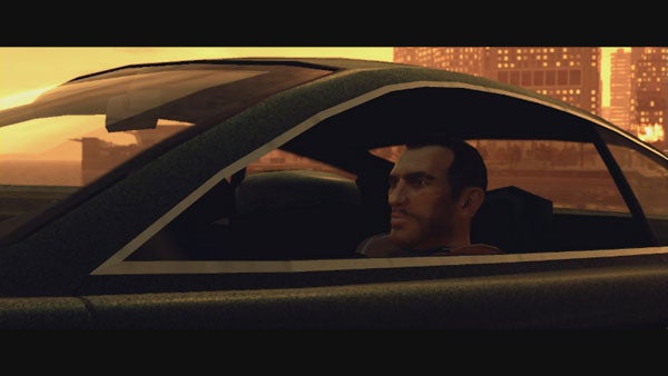 Character driving a car in Grand Theft Auto IV.Grand Theft Auto IV character driving a car at sunset.