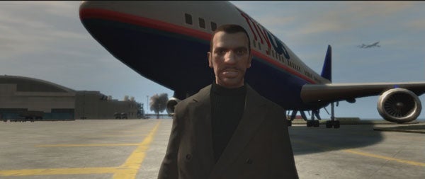 Grand Theft Auto IV character Niko Bellic at airport with plane.Screenshot of character Niko Bellic at airport in Grand Theft Auto IV.