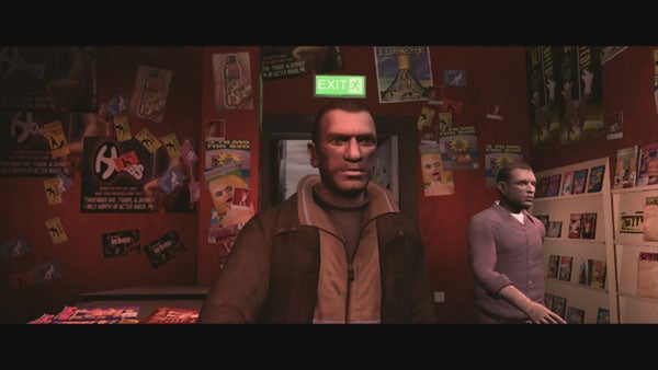 Screenshot of two characters inside a room in Grand Theft Auto IV.Screenshot from Grand Theft Auto IV showing two game characters.