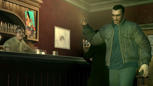 Screenshot of Grand Theft Auto IV gameplay featuring two characters.Grand Theft Auto IV screenshot with characters in a bar.