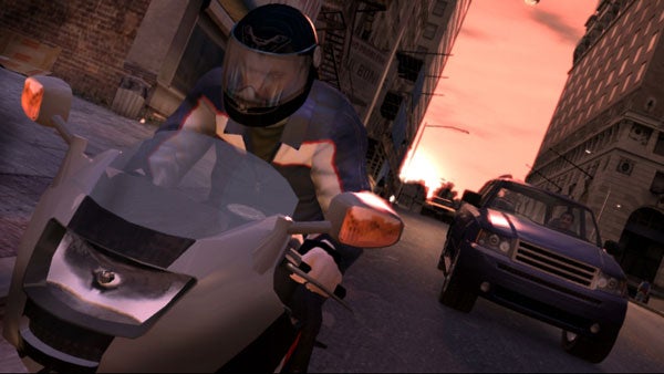 Grand Theft Auto IV gameplay screenshot with motorcycle and sunset.Grand Theft Auto IV gameplay screenshot with motorcycle chase.
