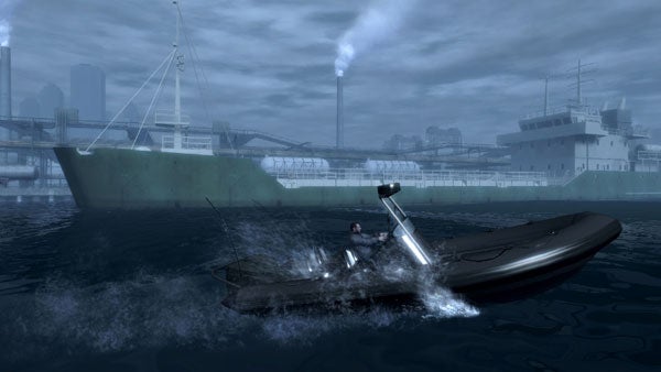 Grand Theft Auto IV gameplay screenshot of boat and character.Grand Theft Auto IV gameplay screenshot showing boat chase scene.