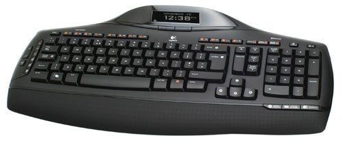 Logitech MX 5500 Revolution cordless keyboard with LCD display.Logitech MX 5500 keyboard with integrated LCD display.