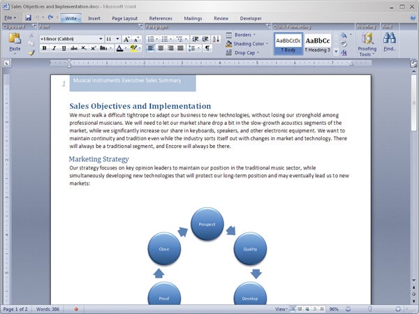 Screenshot of a Microsoft Word document on sales strategy.Screenshot of a Microsoft Word document on a computer screen.