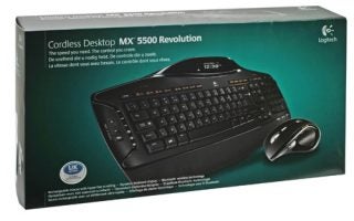 Logitech Cordless Desktop MX 5500 Revolution packaging with keyboard and mouse.