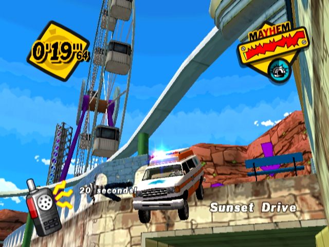 Screenshot of Emergency Mayhem game showing police car on Sunset Drive.Screenshot of Emergency Mayhem video game with police car and timer.
