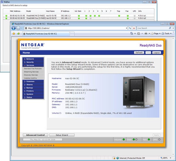 Screenshot of Netgear ReadyNAS Duo setup wizard interface.Screenshot of Netgear ReadyNAS Duo setup interface and product image.