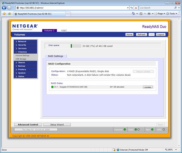 Screenshot of Netgear ReadyNAS Duo web interface.Netgear ReadyNAS Duo web interface showing RAID configuration.