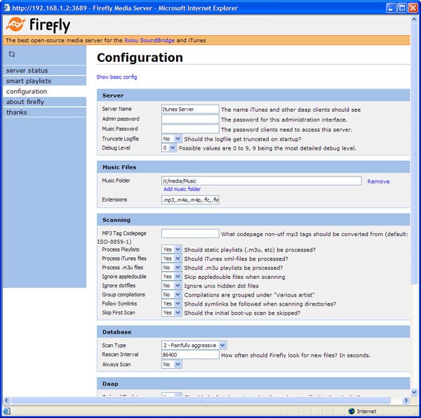 Screenshot of Firefly Media Server configuration page on Internet Explorer.