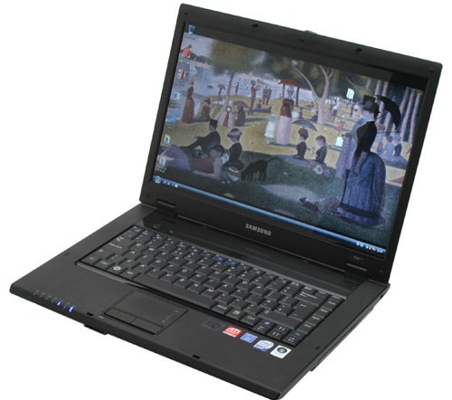 Samsung R60+ 15.4-inch Notebook open with desktop displayed.