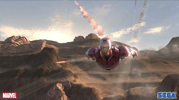 Iron Man flying over rocky terrain in the video game.Iron Man flying over rocky terrain in a video game scene.