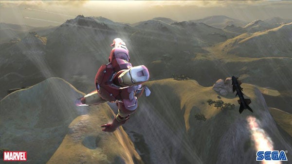 Iron Man flying over mountains in a video game scene.Iron Man flying over mountains in the video game.