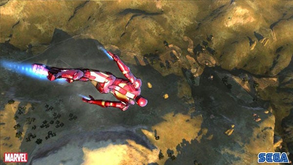 Iron Man flying over landscape in video game screenshot.Iron Man flying over terrain in the video game.
