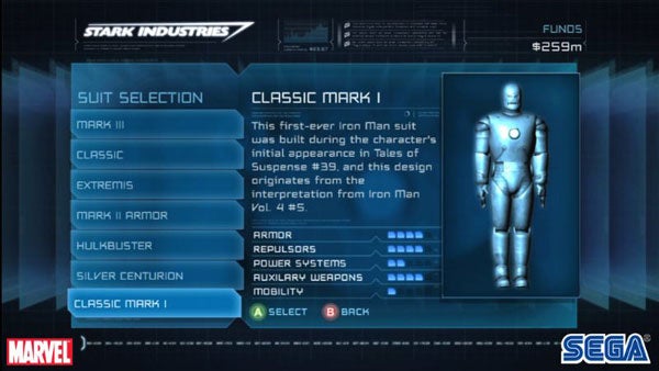 Screenshot of Iron Man video game suit selection menu.Iron Man video game suit selection screen featuring Classic Mark I.