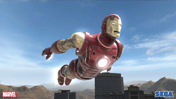 Iron Man flying over cityscape in a video game scene.Iron Man flying over cityscape in the video game.