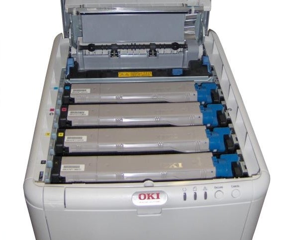 OKI C3450n LED Laser Printer with open toner compartmentOKI C3450n LED Laser Printer with open toner compartment.