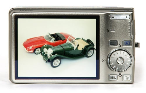 Nikon CoolPix S600 camera displaying photo of toy cars.
