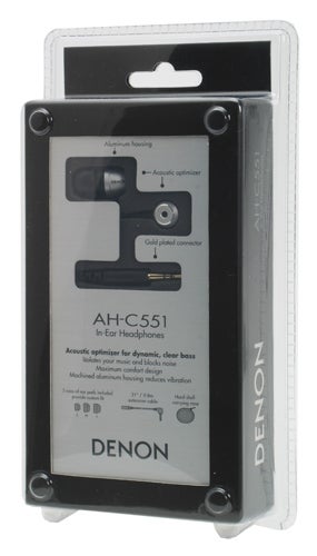 Denon AH-C551 earphones packaged in a clear plastic case.Denon AH-C551 earphones in packaging.