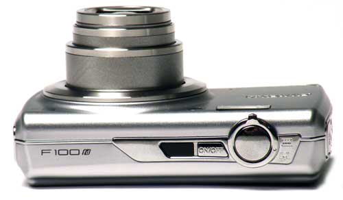 Fujifilm Finepix F100fd digital camera on white background.