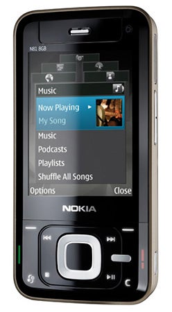 Nokia N81 phone displaying music player interface.