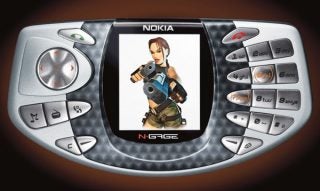 Nokia N-Gage 2.0 gaming phone with game character on screen.