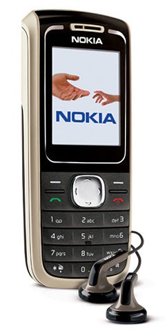 Nokia 1650 phone with hands shaking on screen and earphones.Nokia 1650 phone with earpiece on white background.