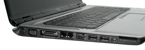 HP Pavilion dv6750ea laptop side ports and keyboard detail.Close-up of HP Pavilion dv6750ea laptop's side ports.