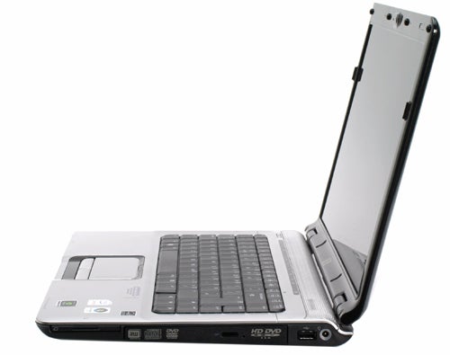 HP Pavilion dv6750ea laptop with screen open on white background.