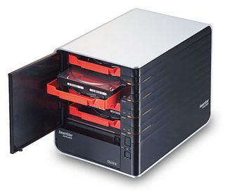 Promise Technology SmartStor NS4300N network storage device open with drives.