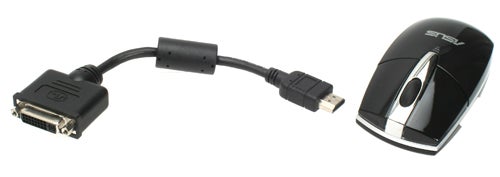 Asus laptop accessories with DVI to HDMI cable and mouse.Asus laptop accessories with USB cable, adapter, and mouse.
