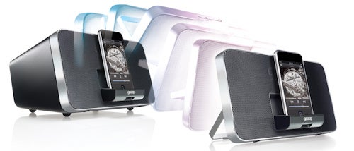 Gear4 Duo iPod Speaker Dock with detachable front speaker.Gear4 Duo iPod Speaker Docks with iPods displayed in two colors.