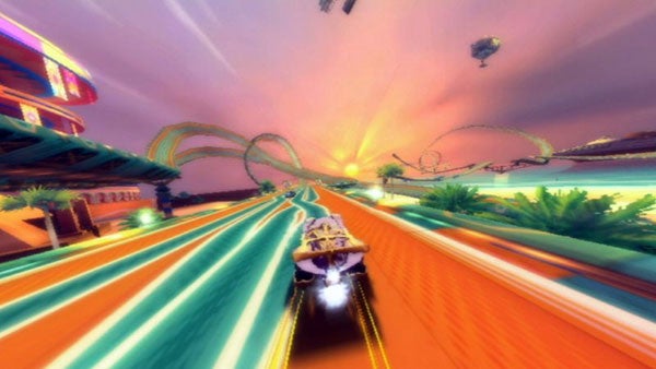 Speed Racer video game screenshot with vibrant race track.