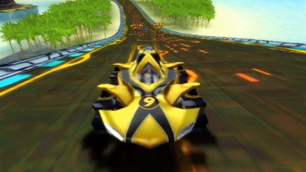 Yellow and black race car on a futuristic racetrack.Yellow number 9 race car on a futuristic track.