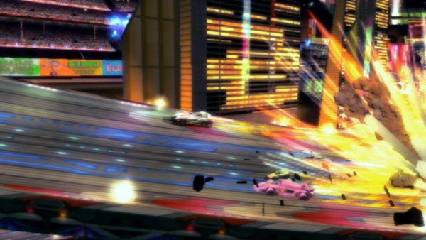 Speed Racer-themed race cars on a vibrant, futuristic track.Race cars speed on futuristic track in animated scene.
