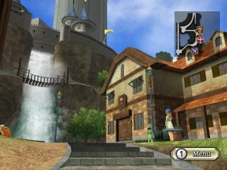 Screenshot from Dragon Quest Swords game showing town and HUD.