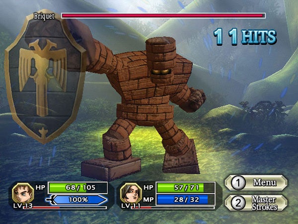 Screenshot of Dragon Quest Swords gameplay with golem enemy.