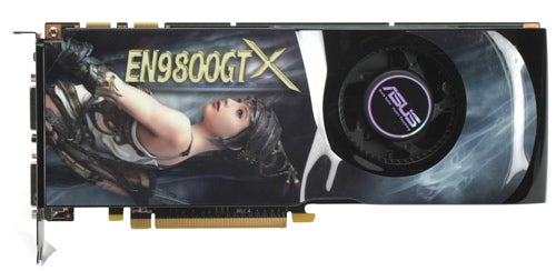 Asus EN9800GTX TOP graphics card with illustrated character.