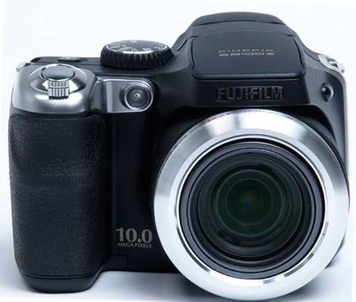 Fujifilm Finepix S8100fd digital camera front view.Fujifilm Finepix S8100fd camera on white background.