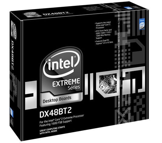 Intel DX48BT2 motherboard product packaging.Intel DX48BT2 motherboard product packaging box.