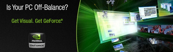 NVIDIA GeForce graphics card advertisement with dynamic visuals.