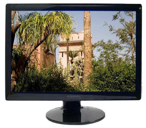 Hyundai W241D 24-inch widescreen monitor displaying a landscape image.
