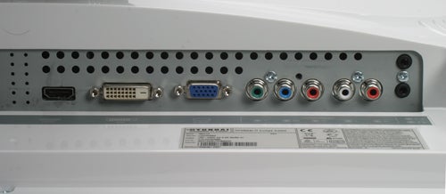 Rear connectivity ports on Hyundai W241D Monitor.Rear view of Hyundai W241D monitor showing ports and labels.