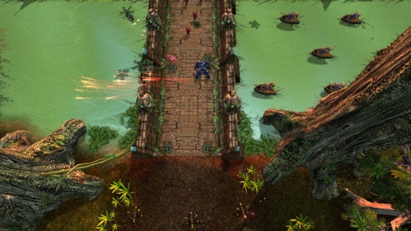 Screenshot of Assault Heroes 2 gameplay with bridge and enemies.Assault Heroes 2 gameplay showing characters on a bridge.